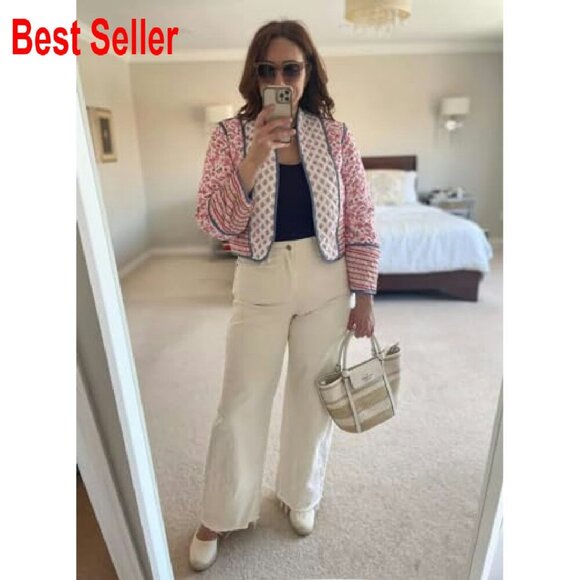 Cropped Floral Puffer Jacket Lightweight Quilted Open Front Chic Cardigan - Picture 6 of 7